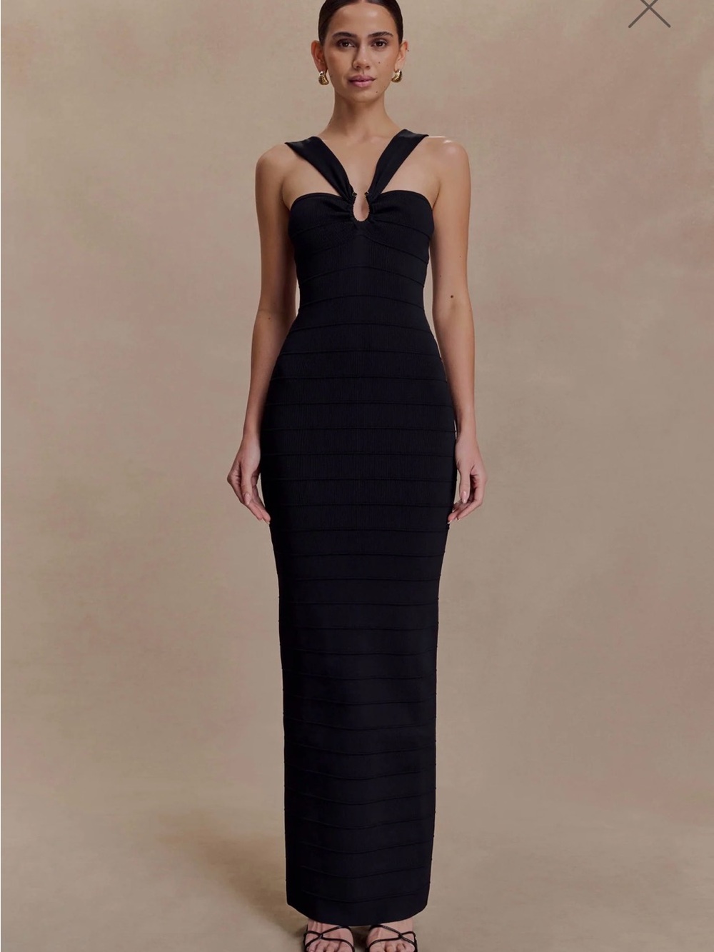 Meshki Black Sculpted Maxi Dress with Twist Straps,Brand New